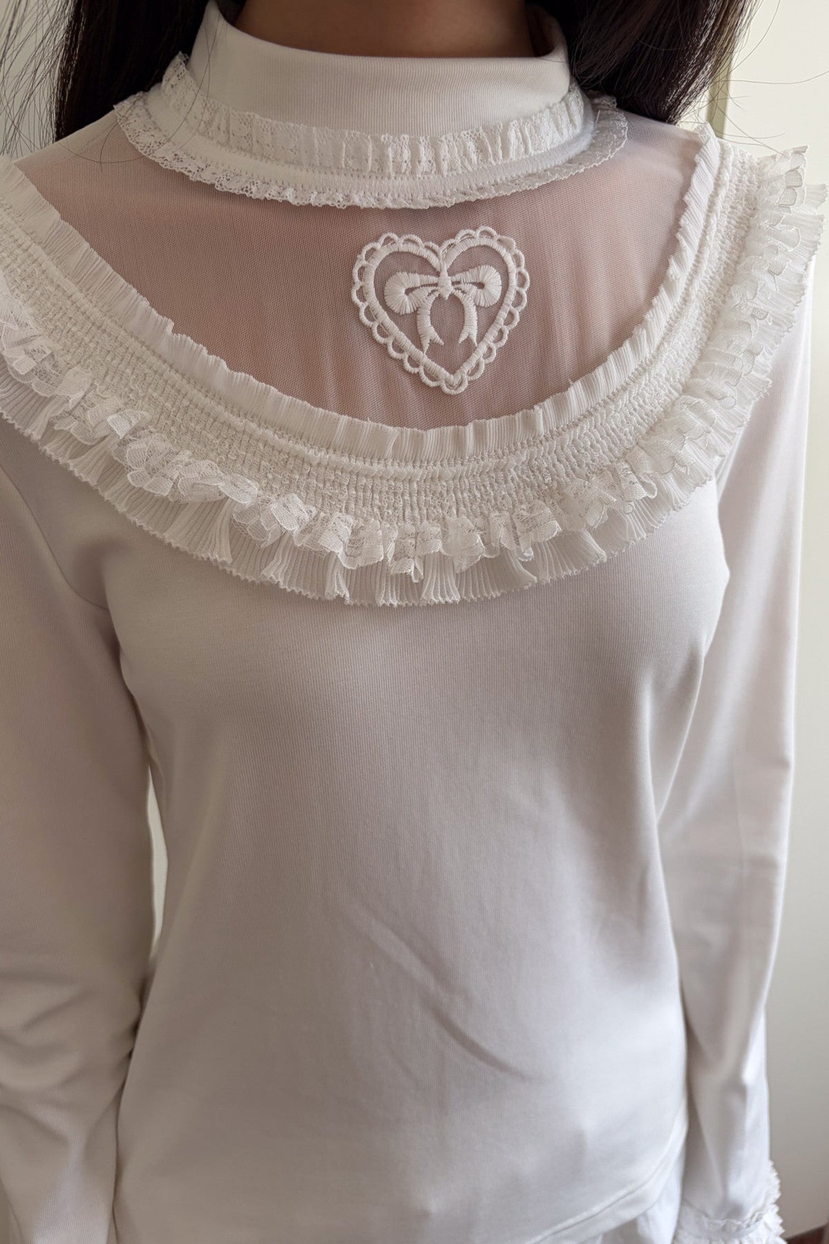 Embroidered Mesh Lace Collar T-Shirt