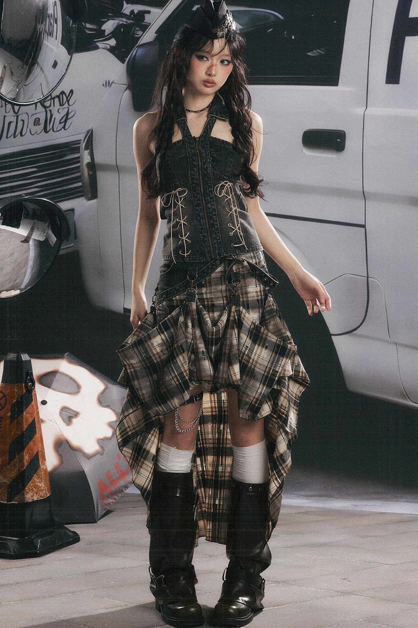 Retro Plaid Asymmetrical Denim Skirt