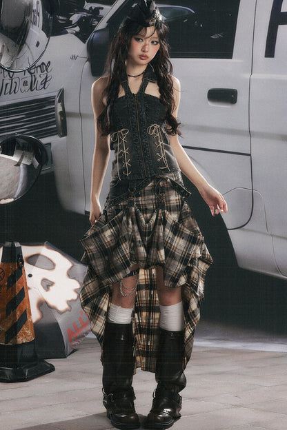 Retro Plaid Asymmetrical Denim Skirt