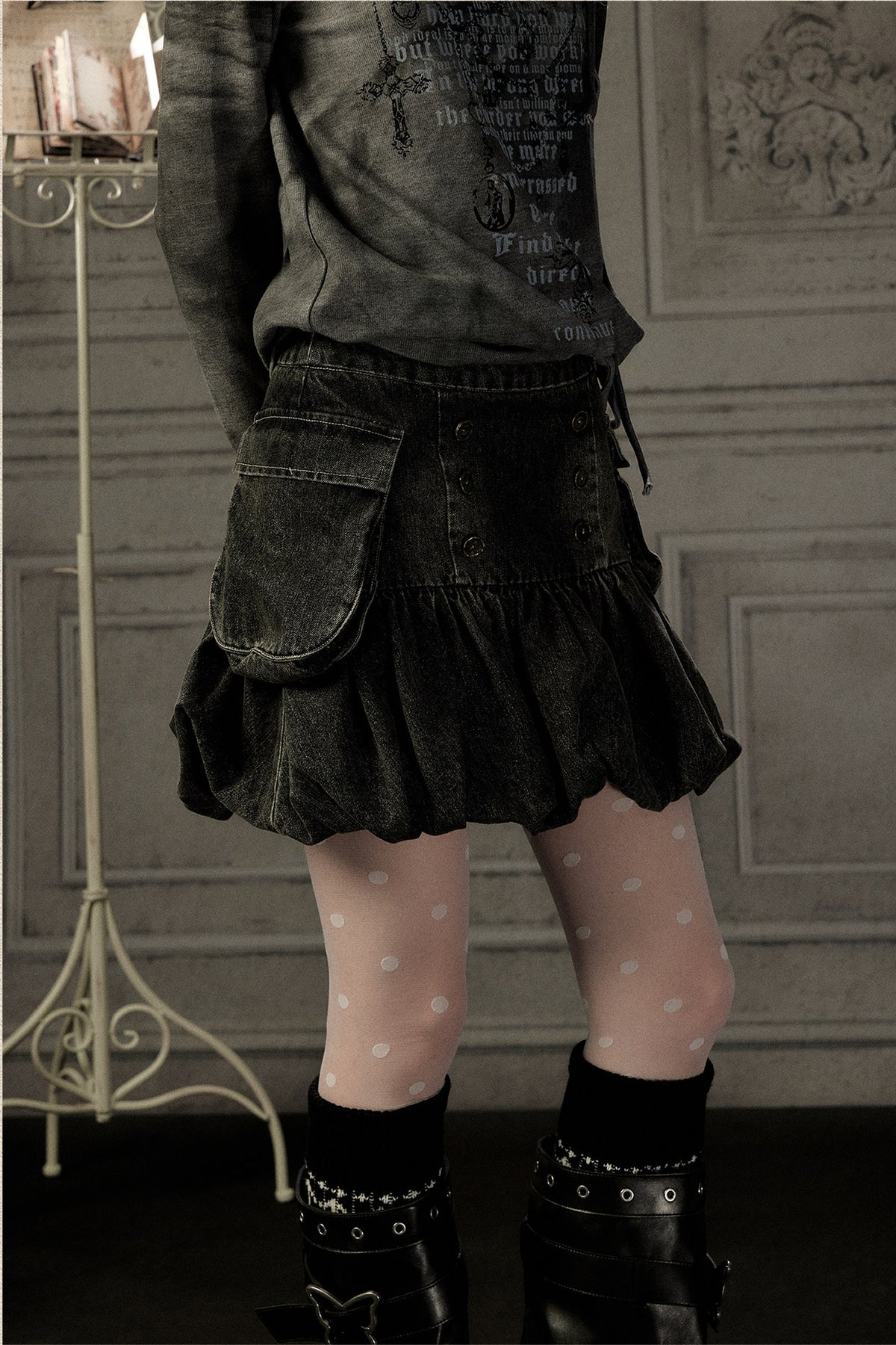 Black Denim Floral Puff Skirt