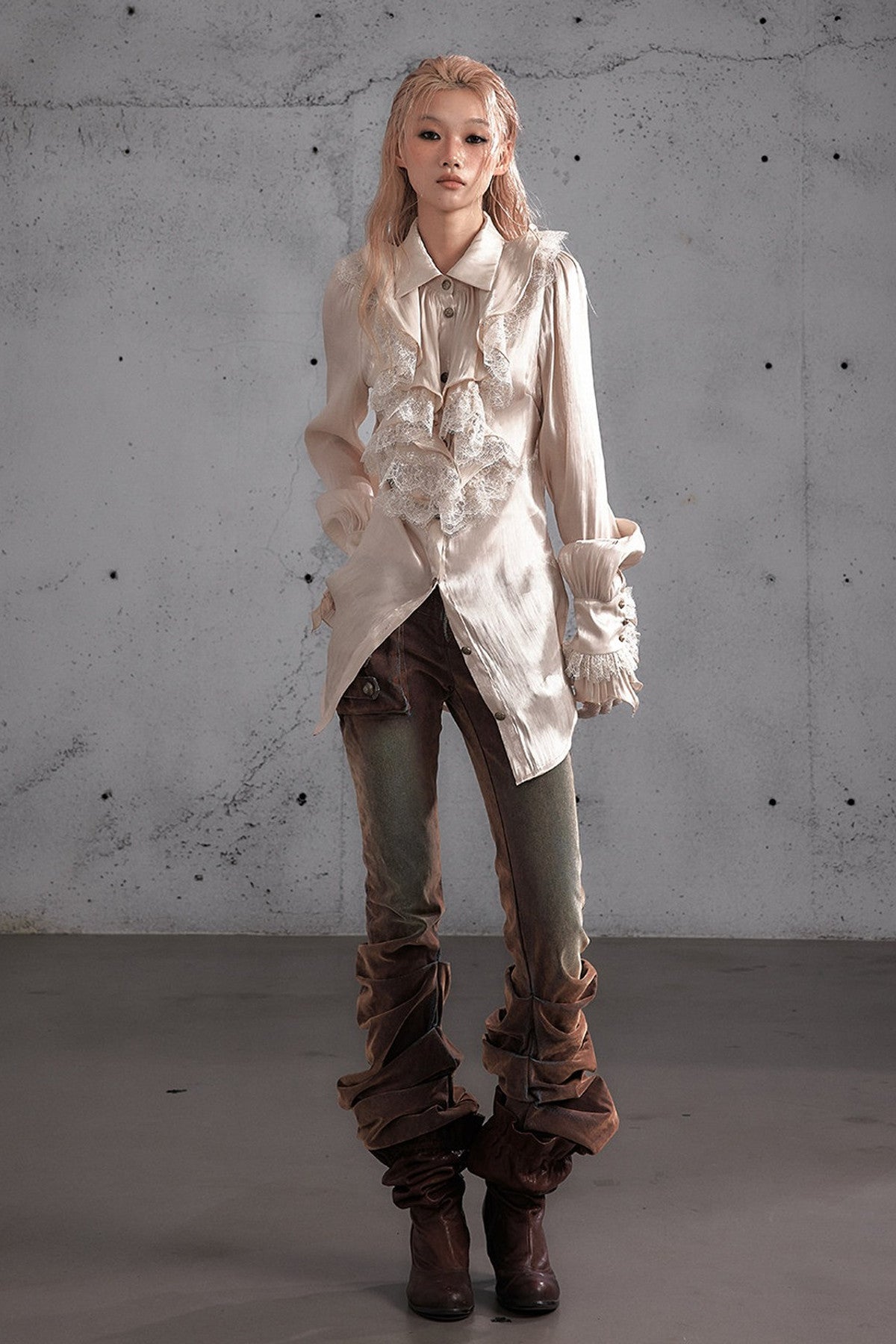 Ruffled Lace Patchwork Satin Blouse