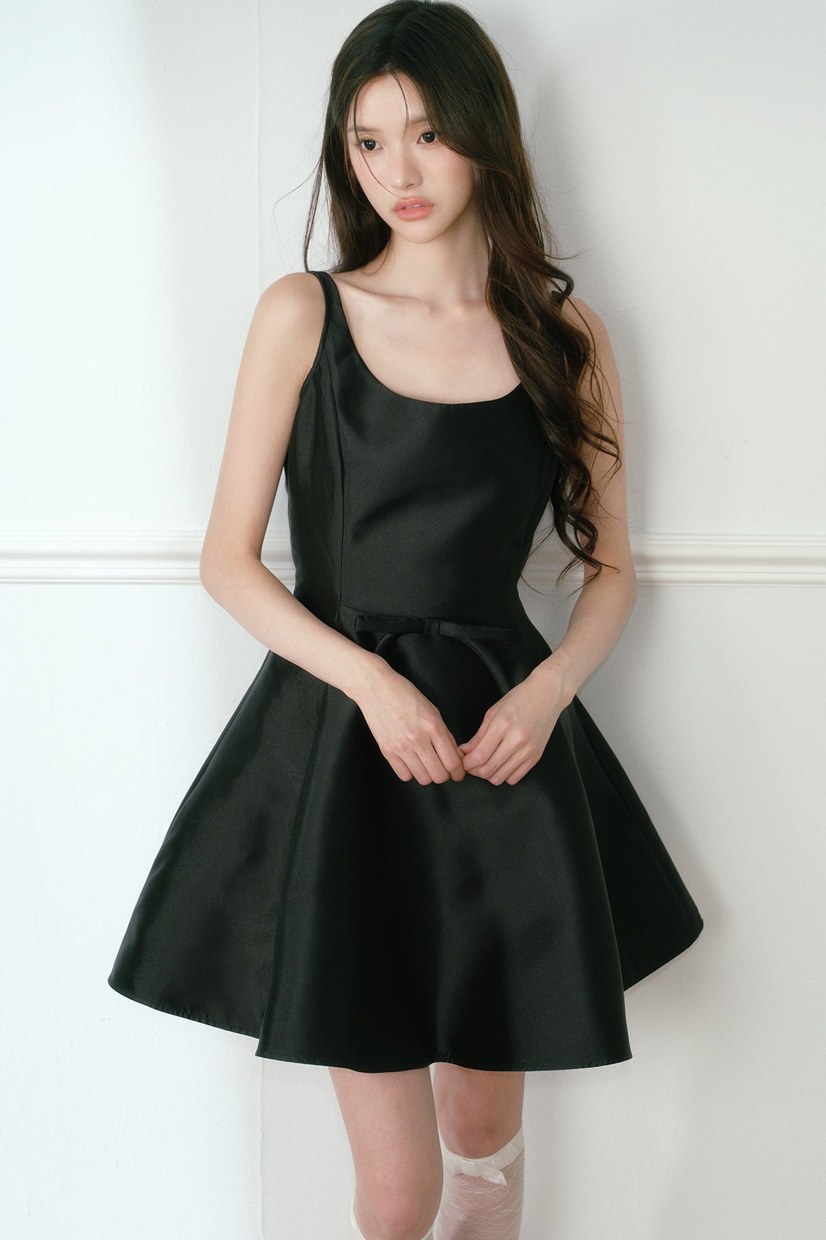 Glossy Black Spaghetti Strap A-Line Dress