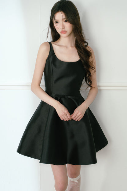 Glossy Black Spaghetti Strap A-Line Dress