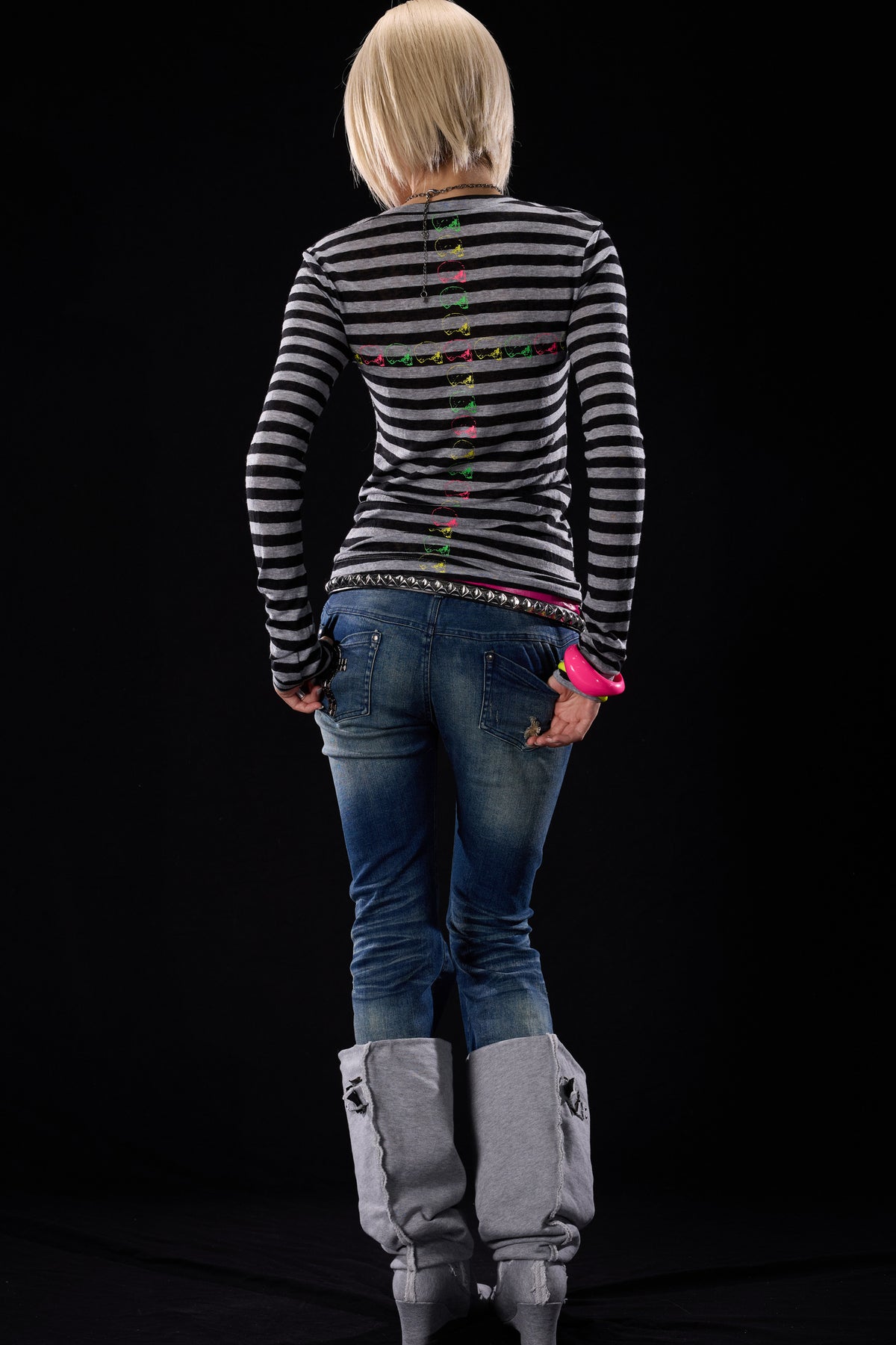 Skull Print Striped Long-Sleeve T-Shirt
