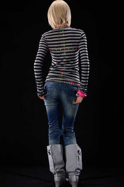 Skull Print Striped Long-Sleeve T-Shirt