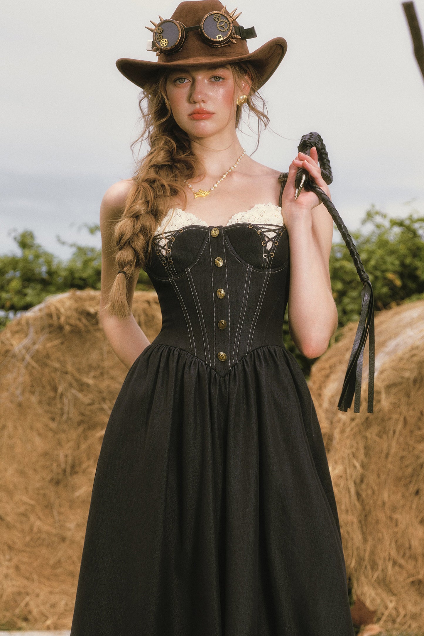 Dark Blue Denim Fishbone Strap Dress