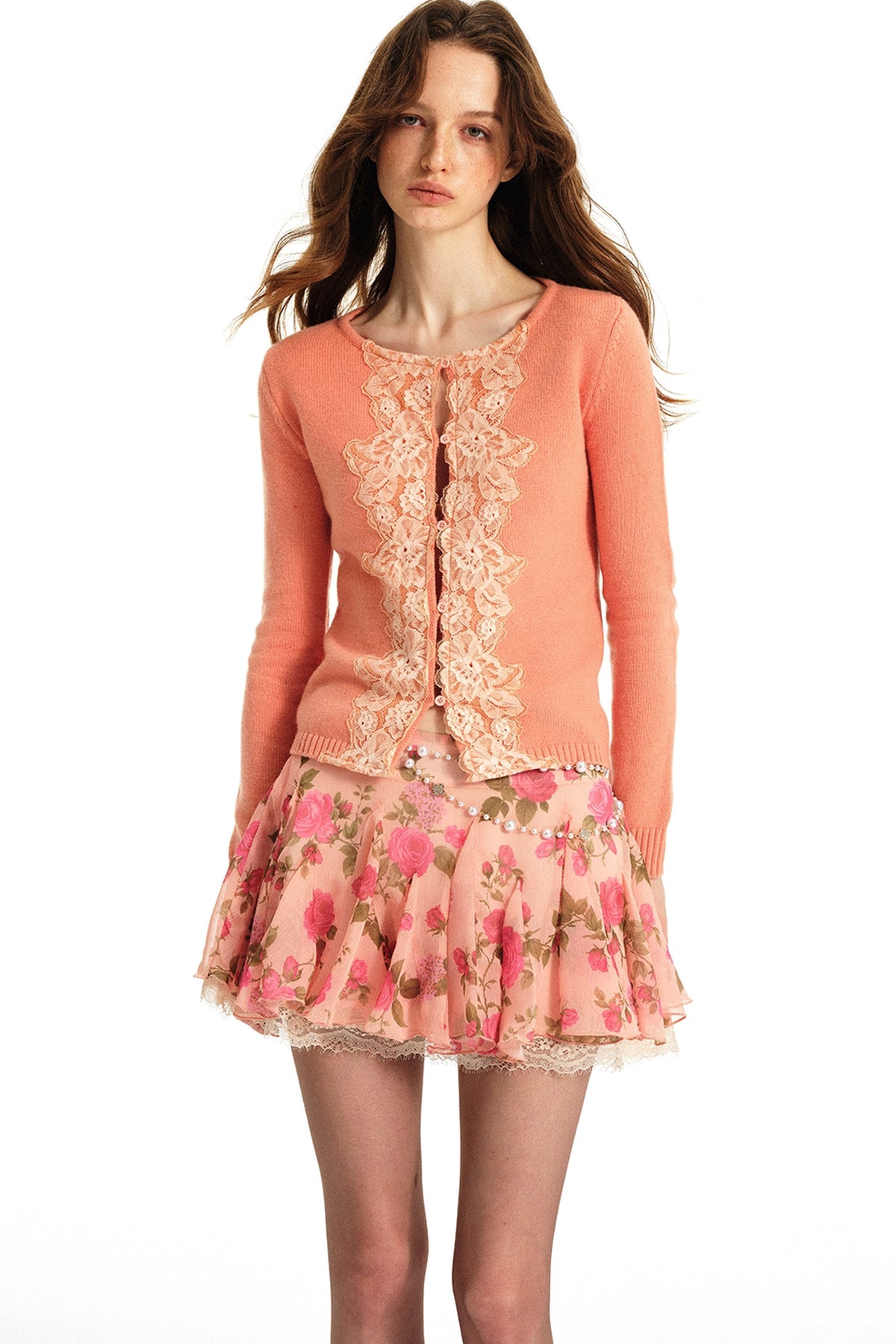 Lace Trim Wool Knit Cardigan and Chiffon Skirt
