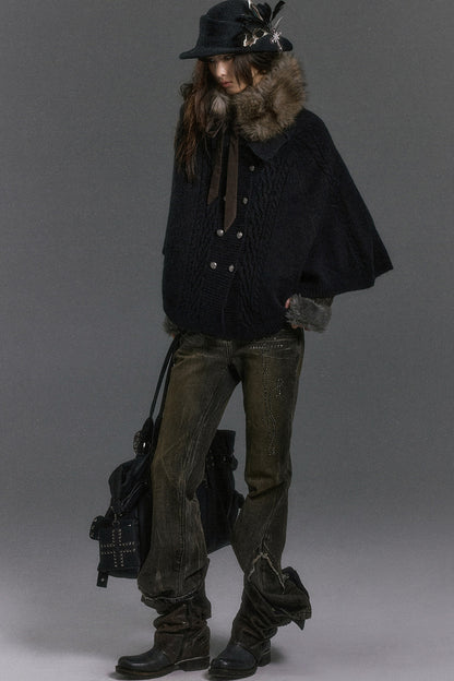 Detachable Fur Collar Cable Knit Cape