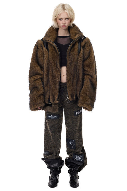 Y2K Leather Spliced Fur Jacket