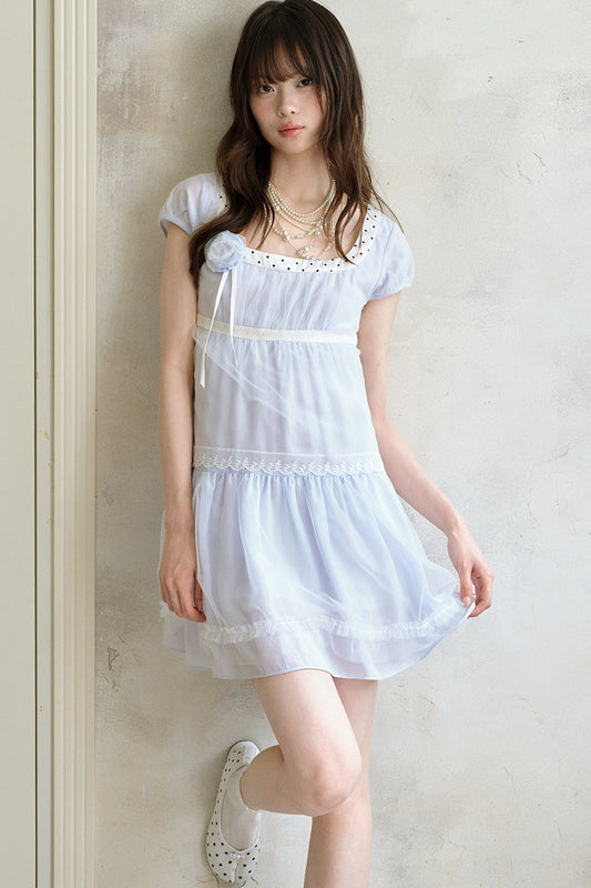 Robe à volants en tulle floral bleu bébé