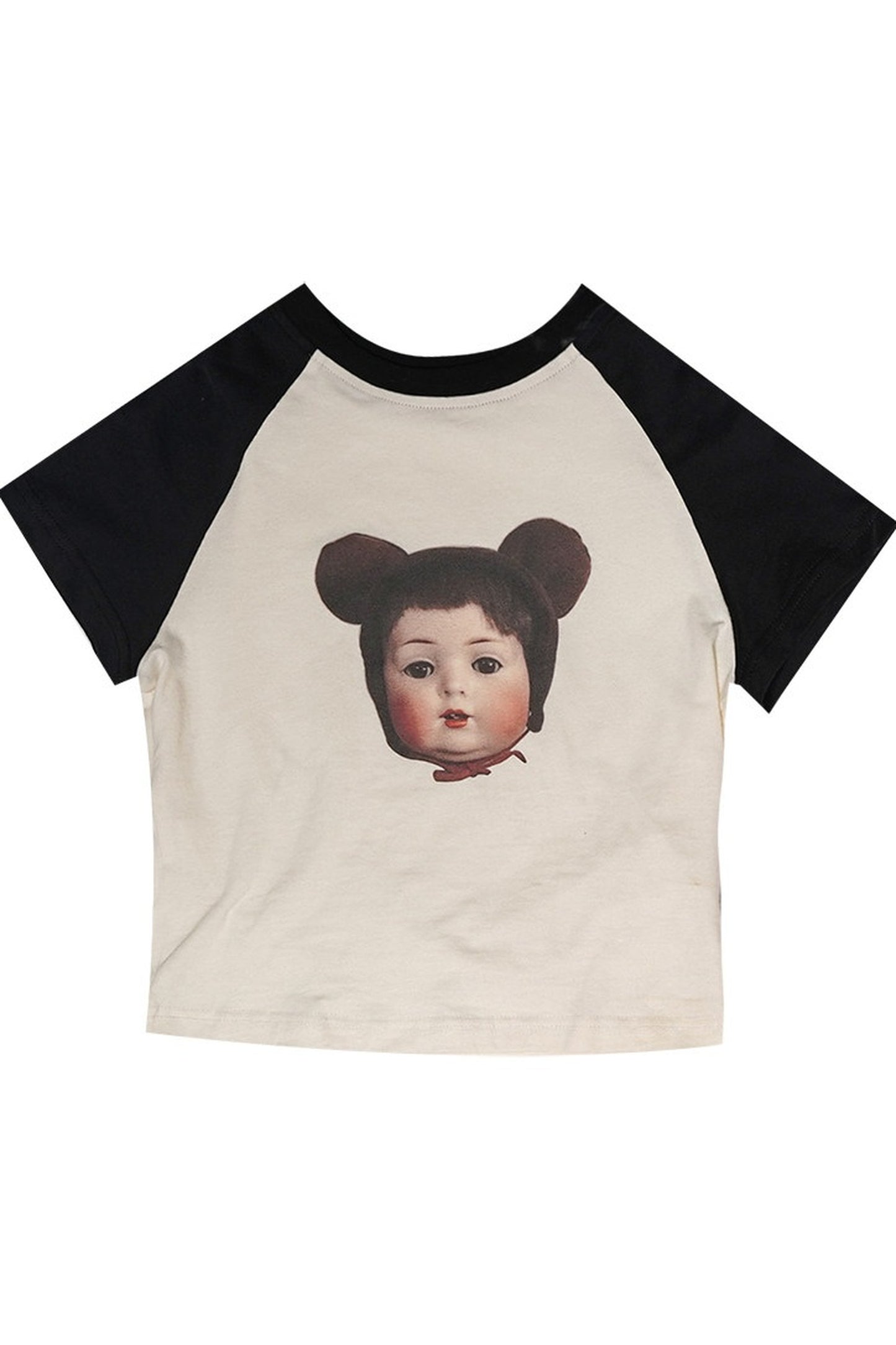 Bear Doll Print Patchwork T-shirt