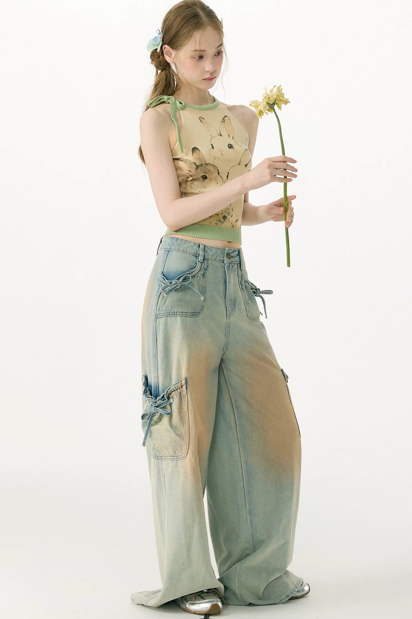High-Waisted Bow-Knot Wide-Leg Denim Pants