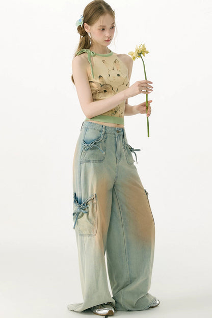 High-Waisted Bow-Knot Wide-Leg Denim Pants