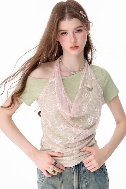 Neckholder-Weste aus floraler Spitze mit schulterfreiem T-Shirt