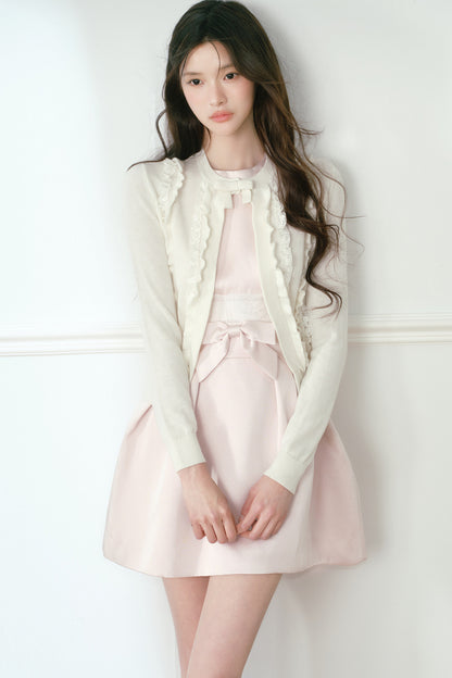 White Lace Trim Short Knit Vest Cardigan