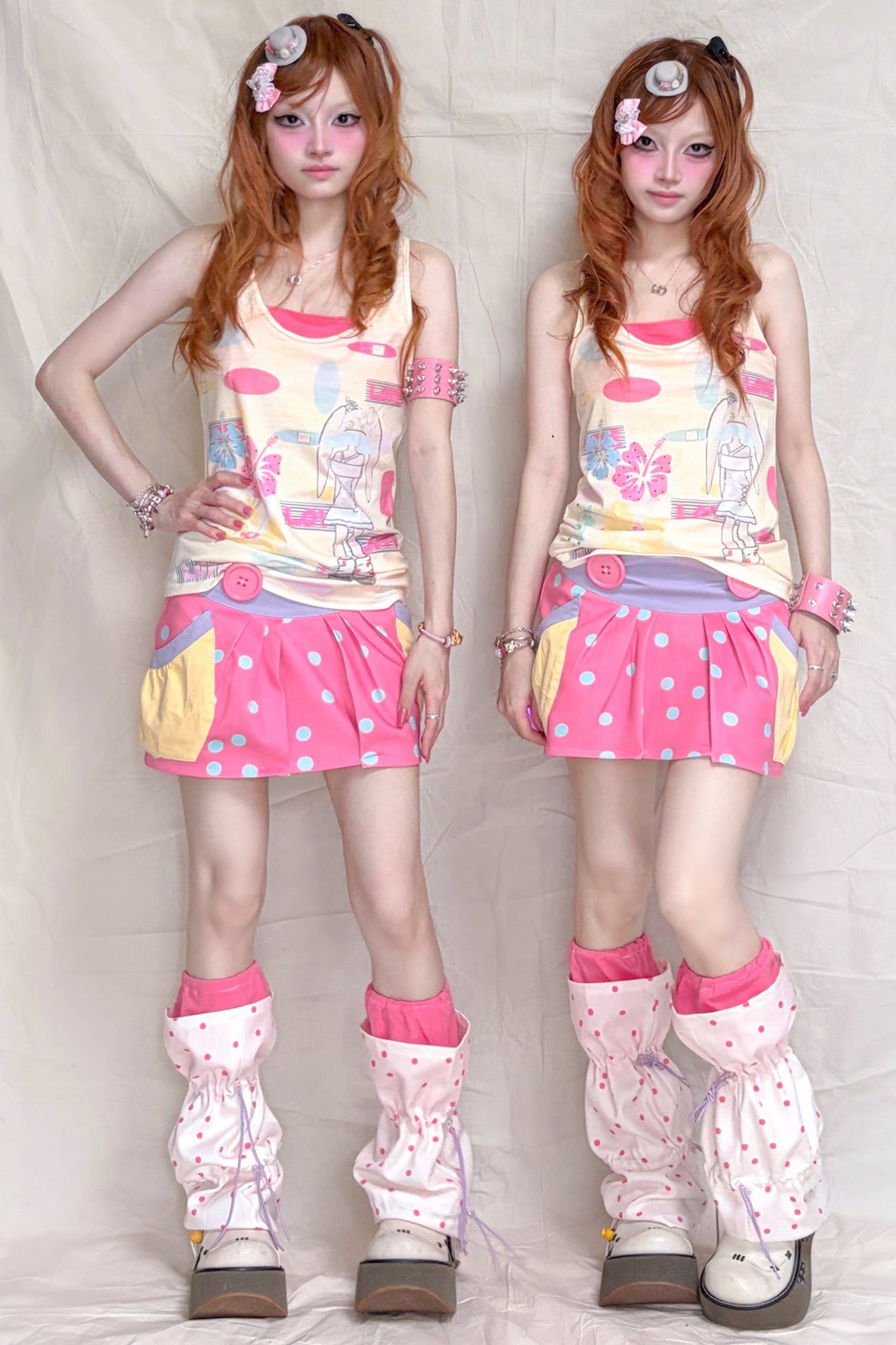 Peach Pink Polka Dot Large Button Low-Waist Skirt