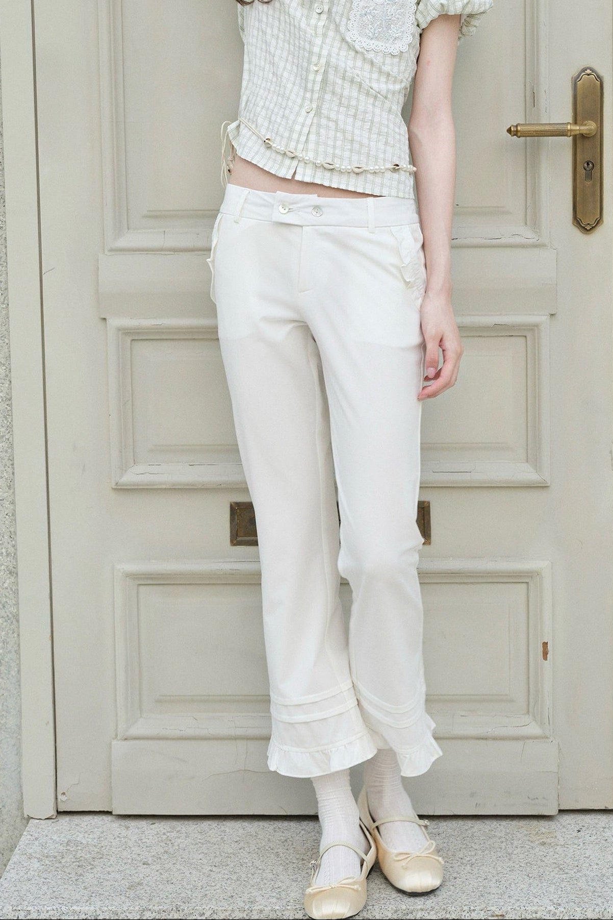 Ruffle Straight-Leg Flared Pants