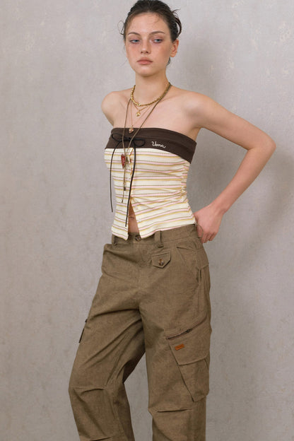 Top a fascia beige a righe con laccio sul petto
