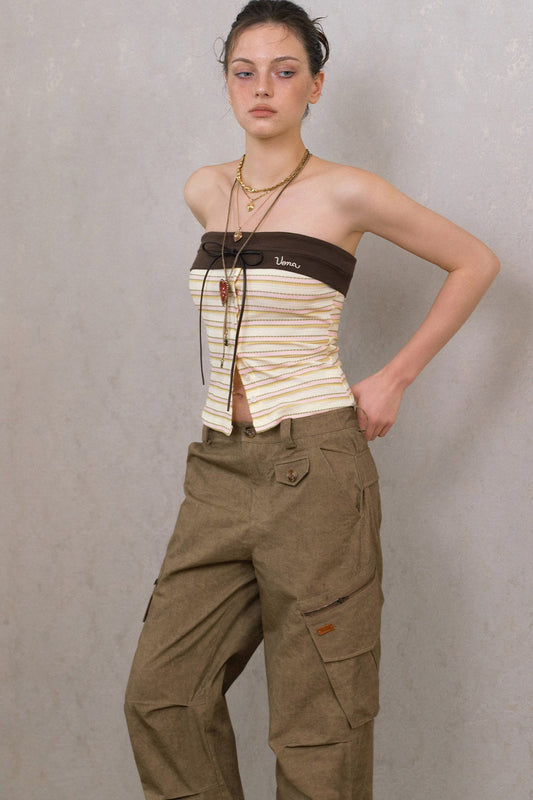 Beige Striped Chest-Tie Tube Top