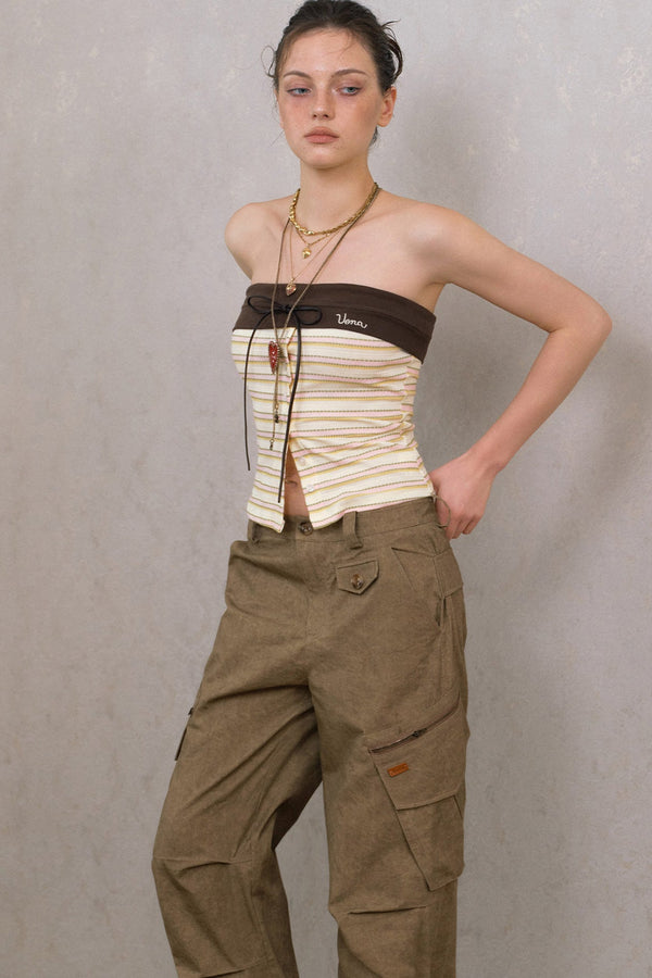 Beige Striped Chest-Tie Tube Top