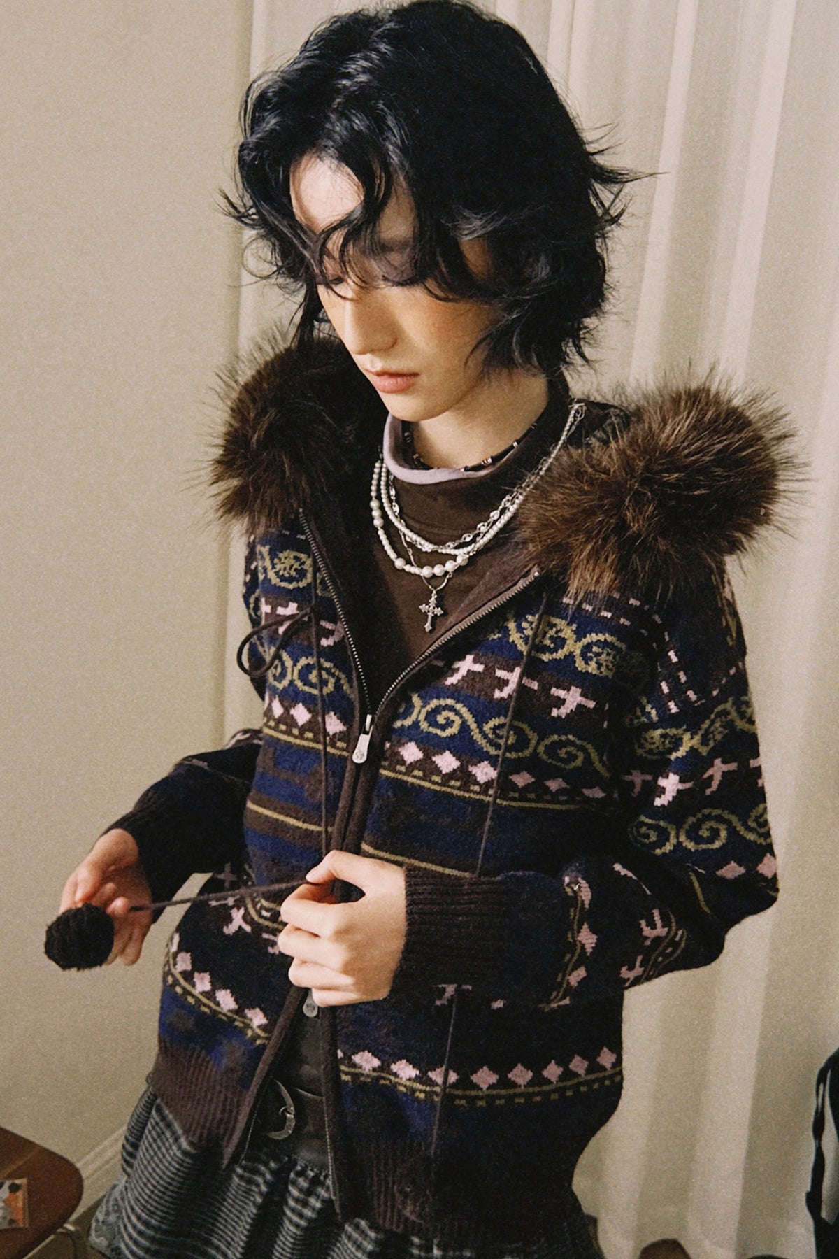 Detachable Fur Collar Fair Isle Hooded Cardigan