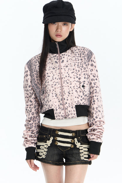 Pink Leopard Ribbed Cropped Jacket