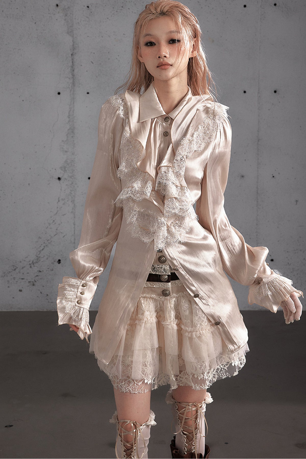 Ruffled Lace Patchwork Satin Blouse