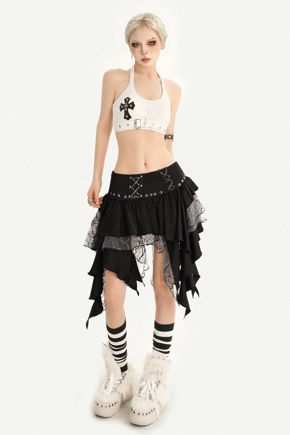 White Cross Print Studded Halter Top