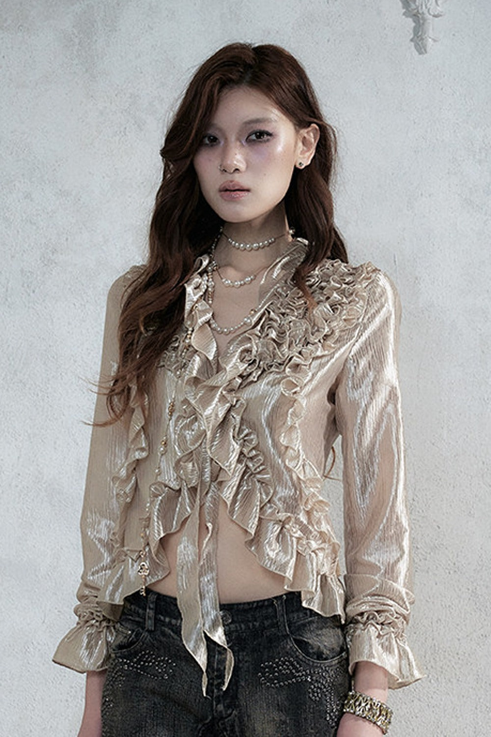 Ruffle Trim Tie Waist Long-Sleeved Blouse