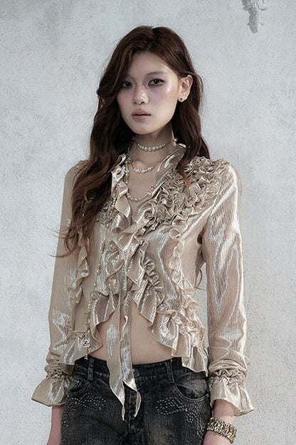 Ruffle Trim Tie Waist Long-Sleeved Blouse