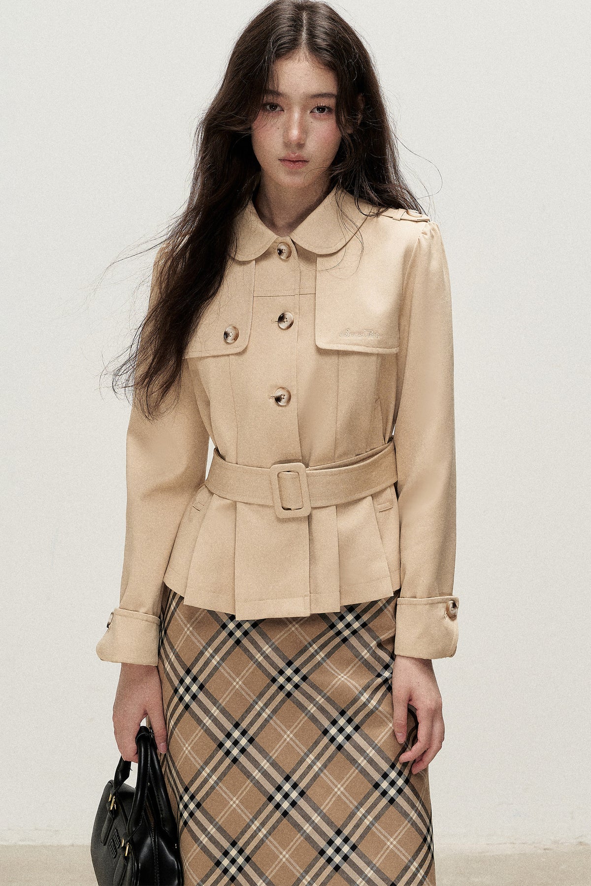 Cream Khaki Pleated A-Line Trench Coat