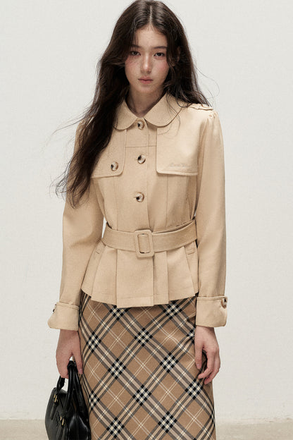 Cream Khaki Pleated A-Line Trench Coat