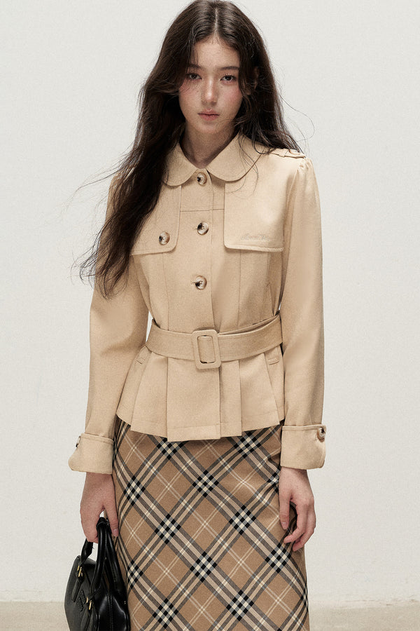 Cream Khaki Pleated A-Line Trench Coat
