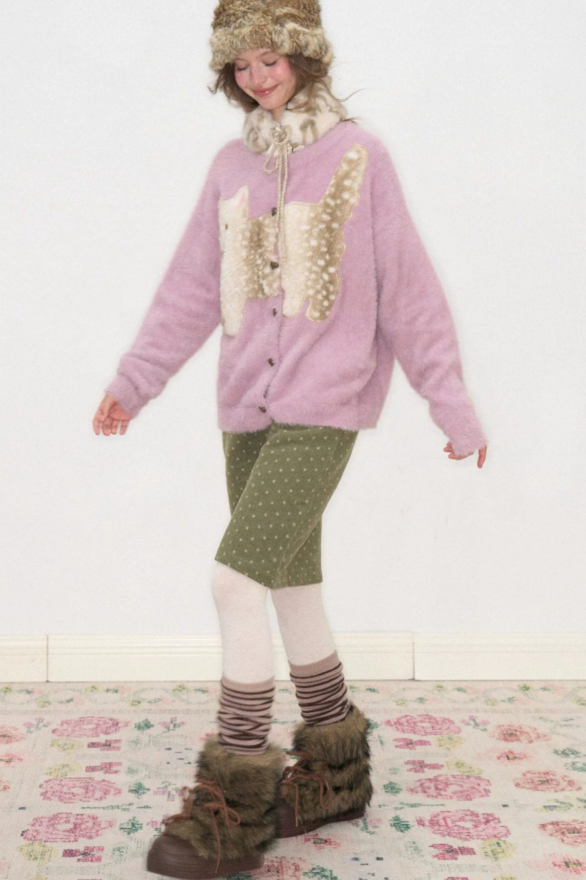 Purple Cat Patch Embroidery Cardigan