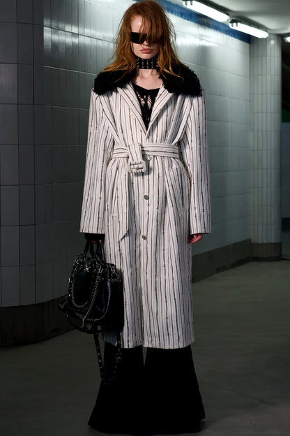 Patchwork Stripe Fur Collar Coat
