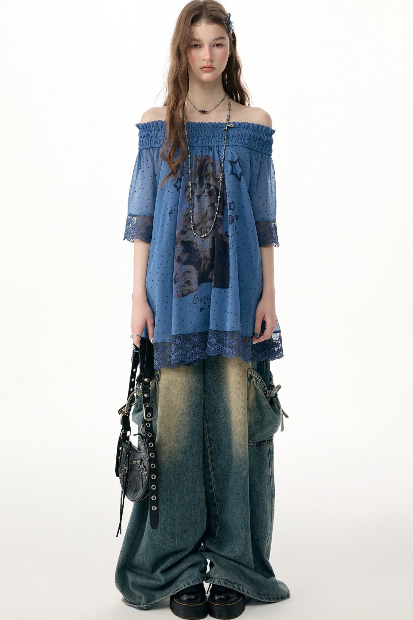 Cat Print Lace Trim Off-Shoulder Top