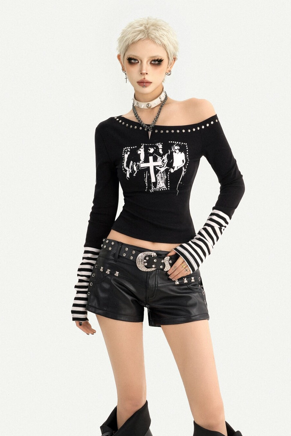 Off-Shoulder Letter Print Long Sleeve T-shirt