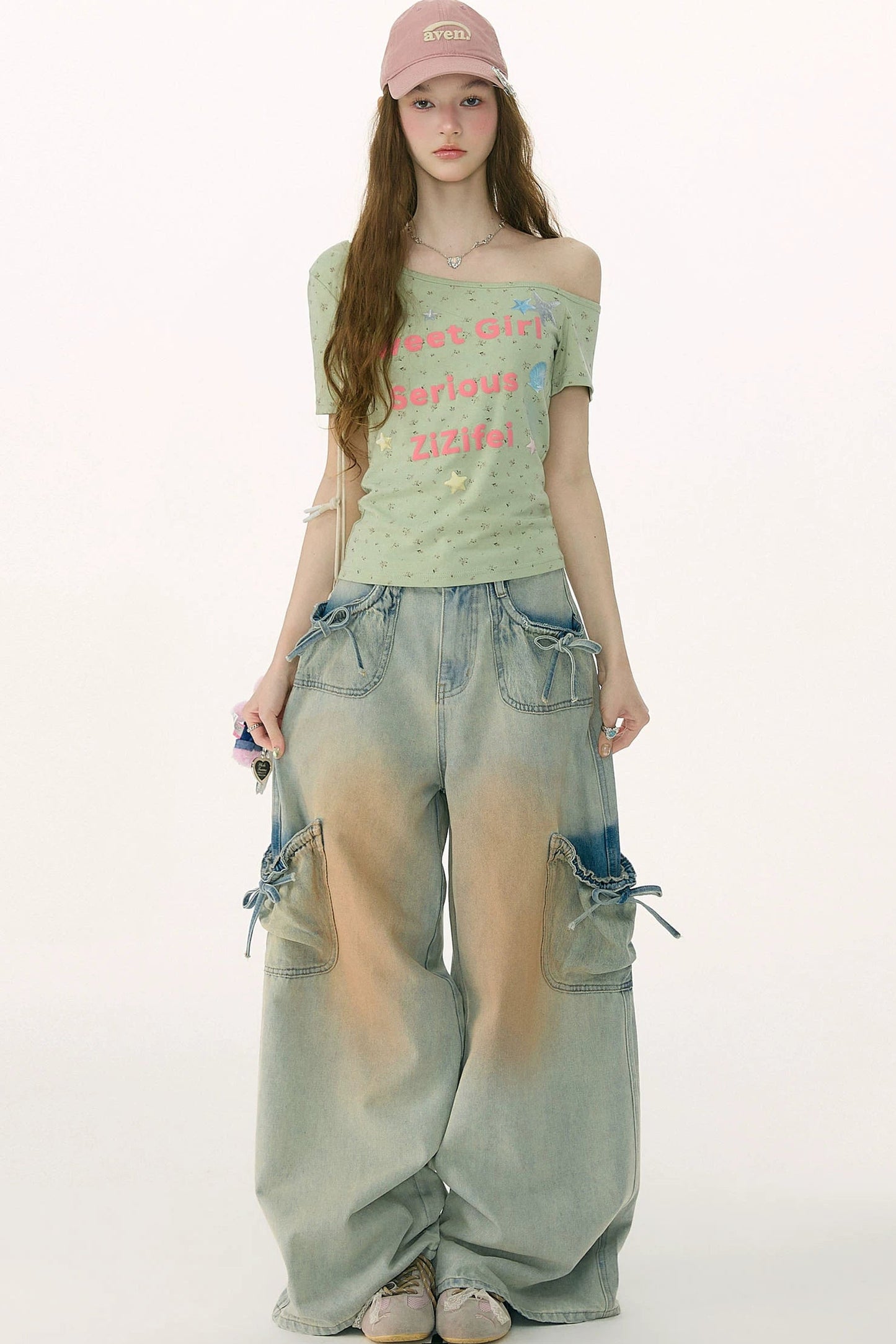 High-Waisted Bow-Knot Wide-Leg Denim Pants