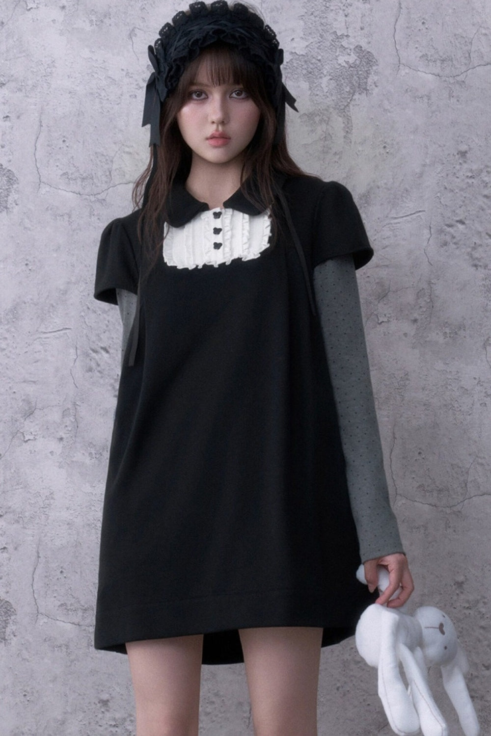 Dark Doll Collar Layered-Look Long Sleeve Dress