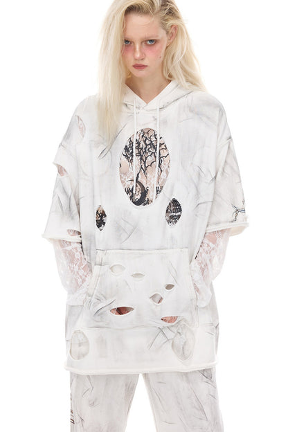 Loose Three-Dimensional Cut Ripped Hooded Sweatshirt