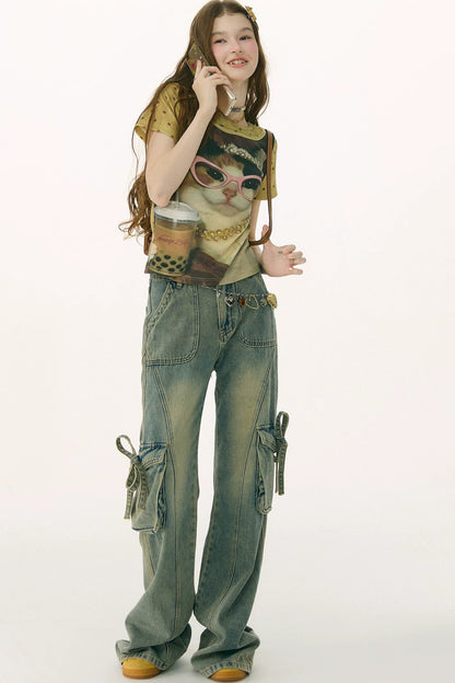 Retro Distressed Cat Print Top