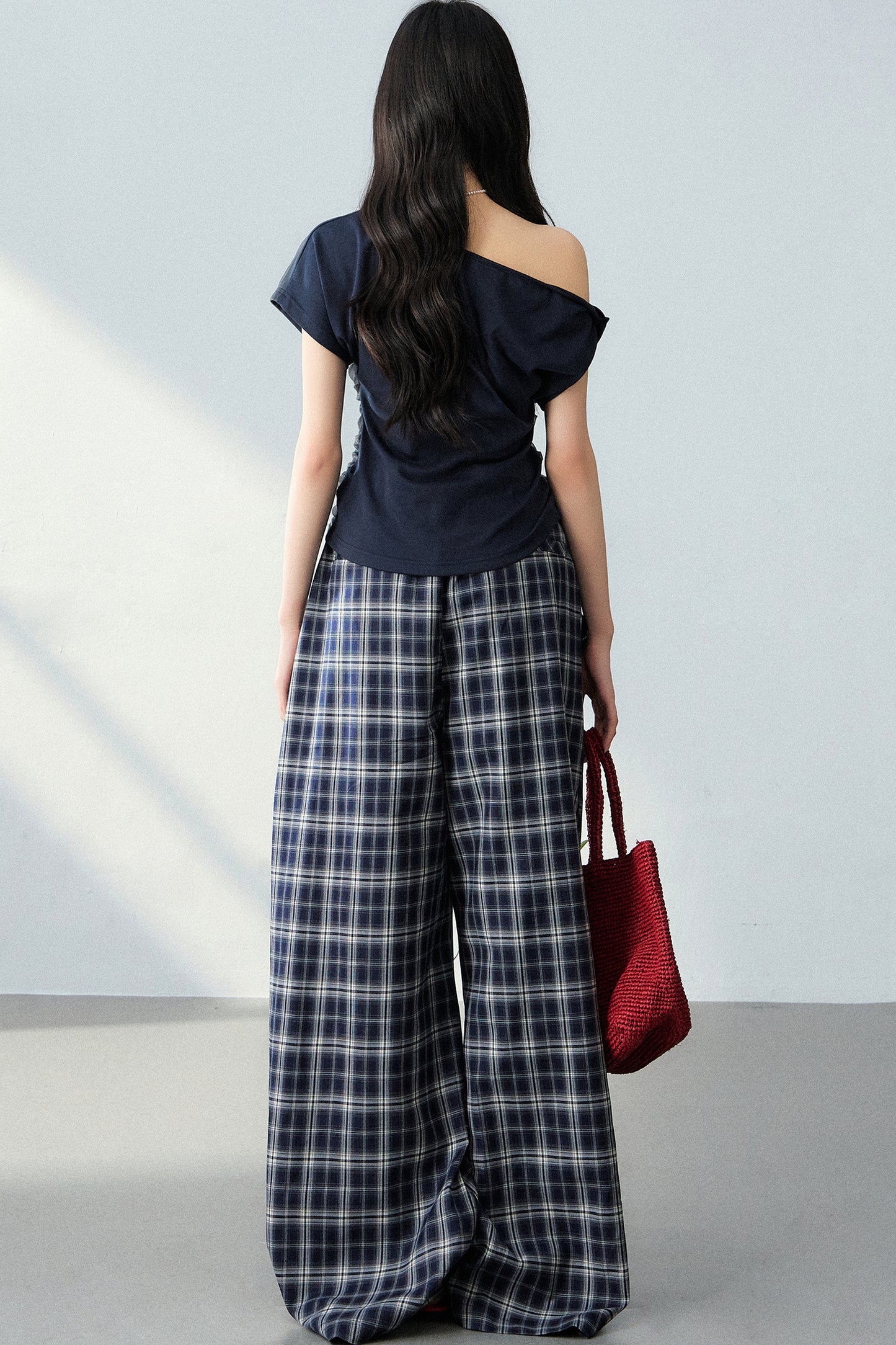 Navy Blue Plaid Wide-Leg Pants