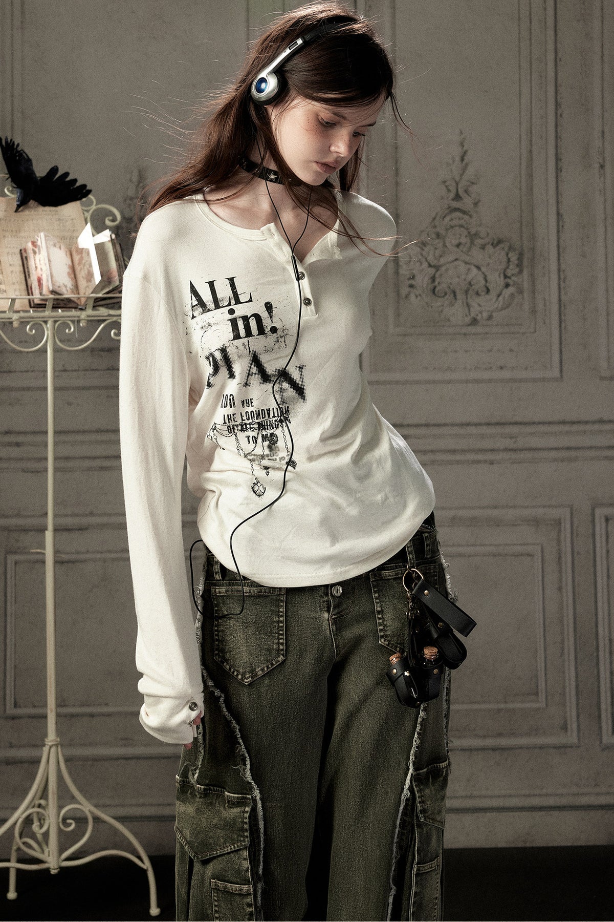Beige Printed Long-Sleeved T-Shirt