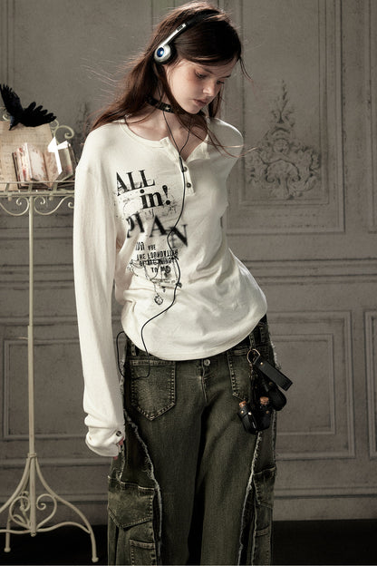 Beige Printed Long-Sleeved T-Shirt