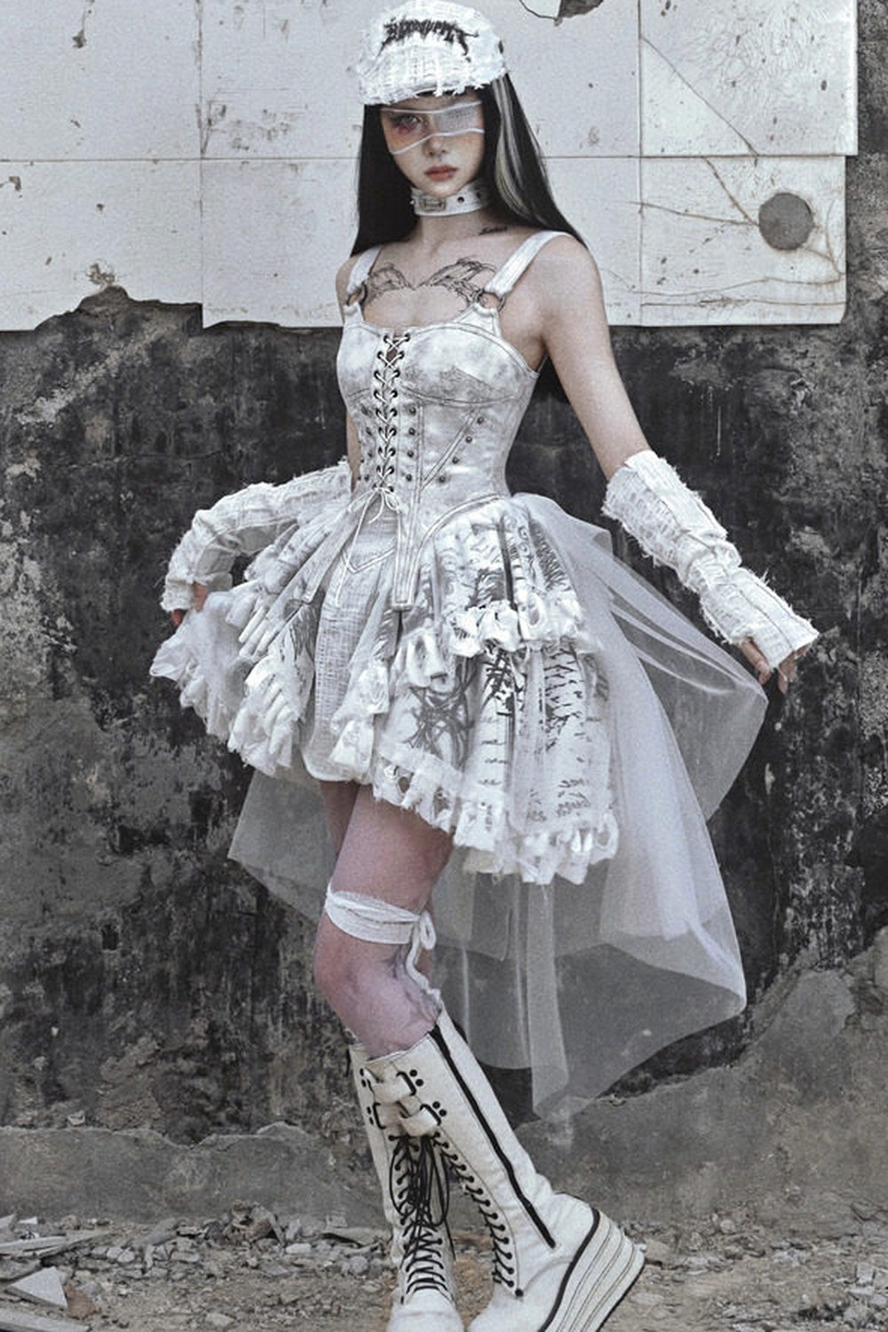 Distressed Suede Trailing Tie-Up Suspender Dress