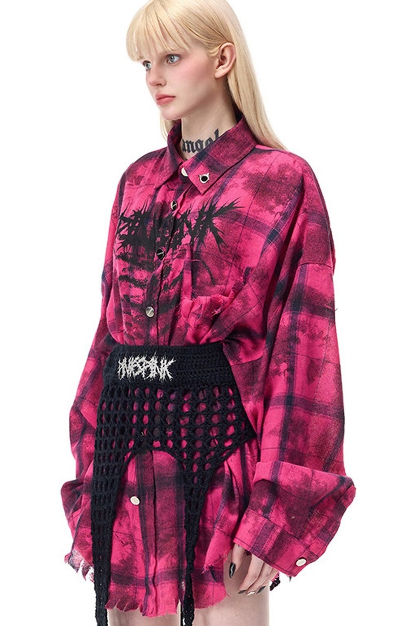 Distressed Pink Plaid Blouse