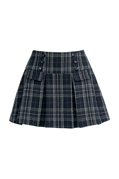 Navy Tie Closure Knit Top and Plaid Skirt Set-Up