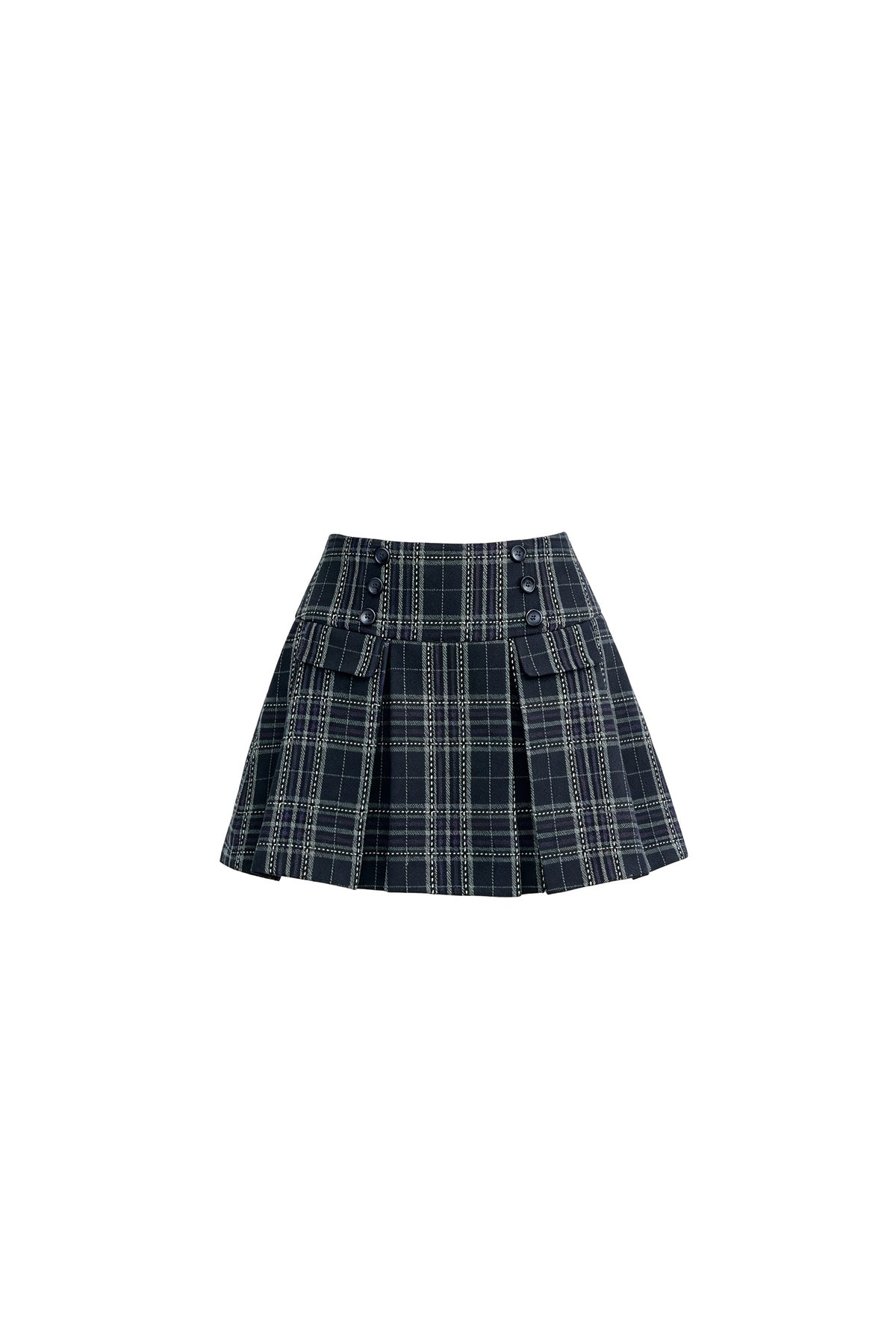 Double-Breasted Plaid Pleated A-Line Skirt