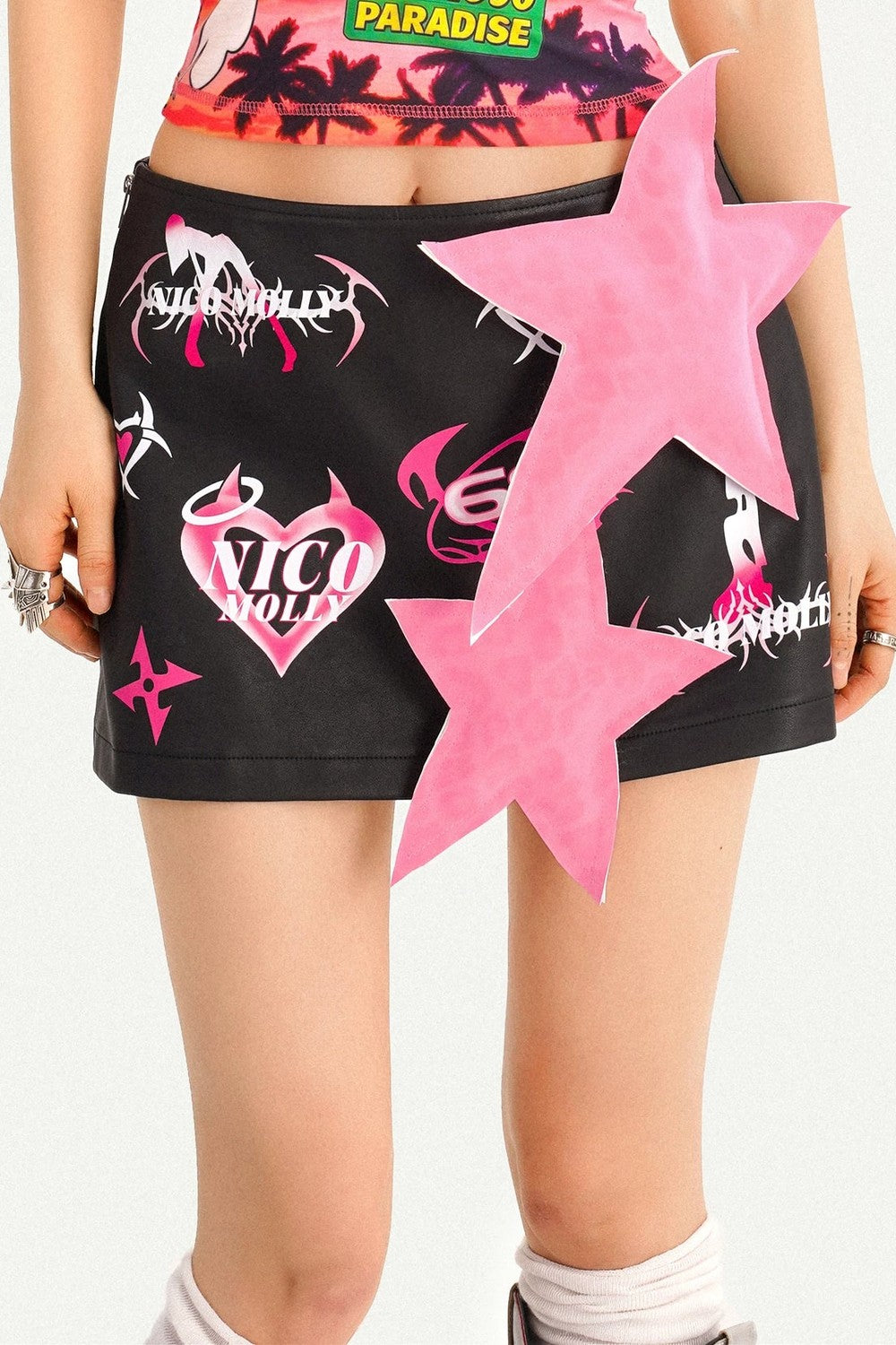Cartoon Print Leather Skirt