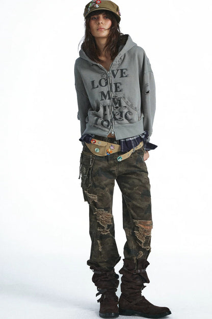Camouflage Patchwork Multi-Pocket Flared Jeans
